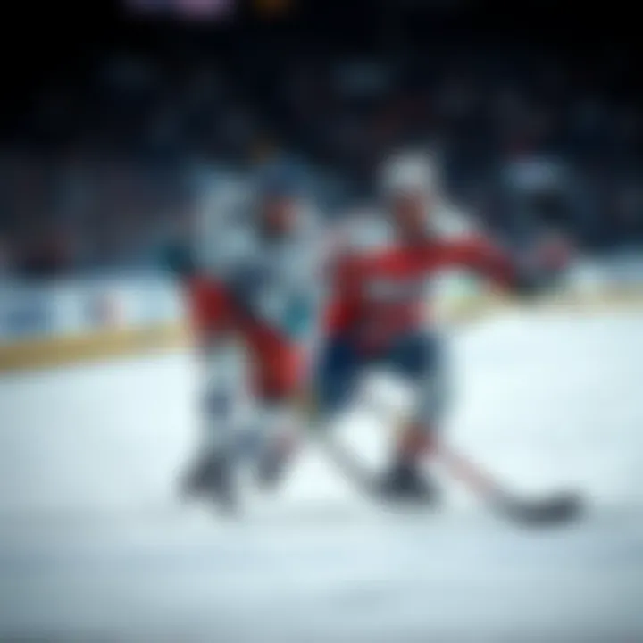 Two Olympic hockey players competing on the ice during a match, showcasing their skills and intensity.