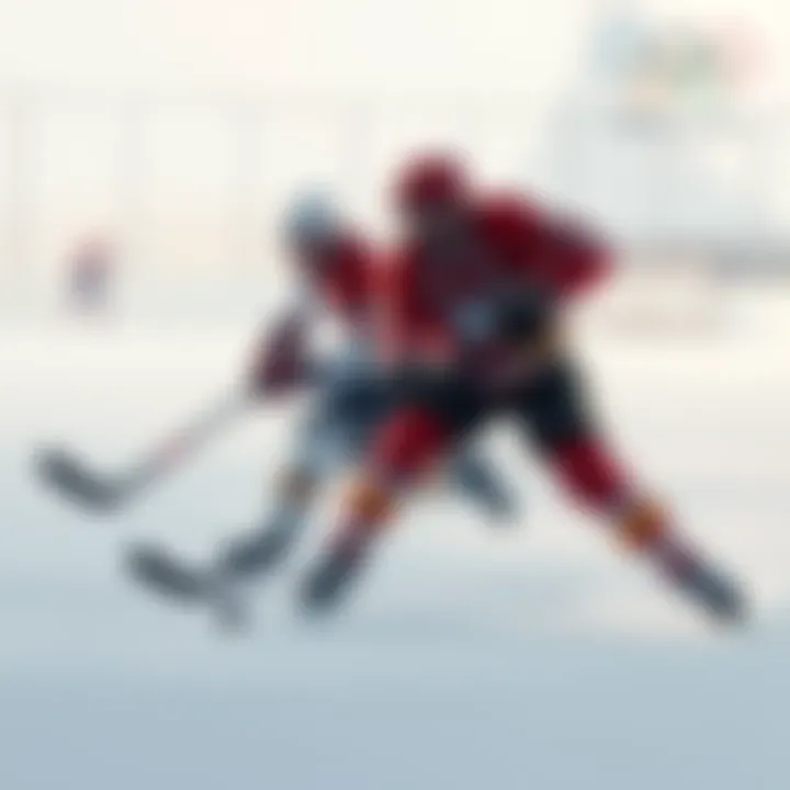 Olympic hockey players on ice Two Olympic hockey players battling for the puck during an intense game