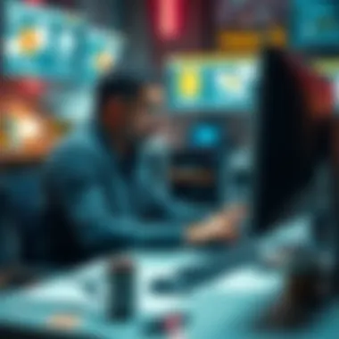 OMC sitting at a desk, focused on a computer screen displaying various online resources and strategies for success.
