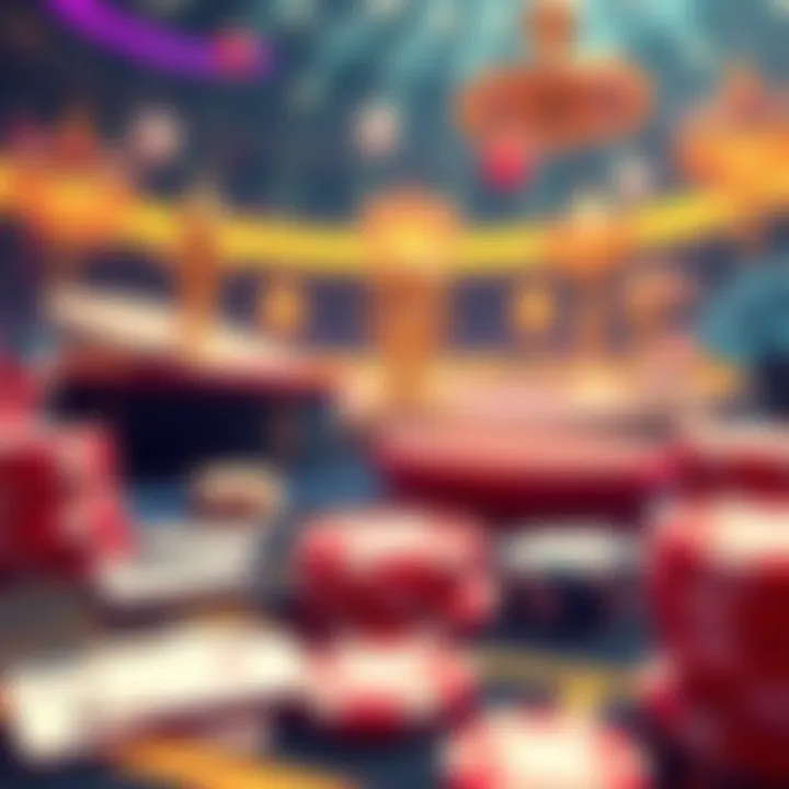 An illustration of a Solana-based casino with virtual gambling elements like chips and cards, symbolizing crypto investment opportunities.