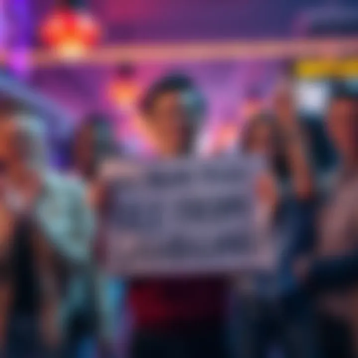 A person smiling and holding a sign that says 'One Month Free from Gambling', surrounded by friends who are cheering them on