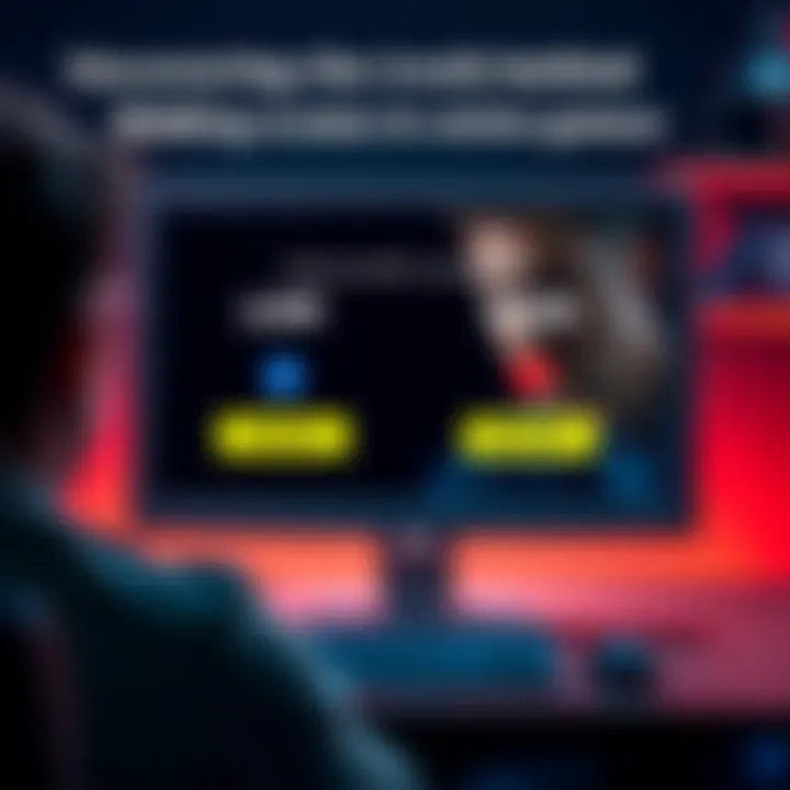 A computer screen displaying an online bidding game with highlighted low and high bid options, showing frustration on a player's face in the background.