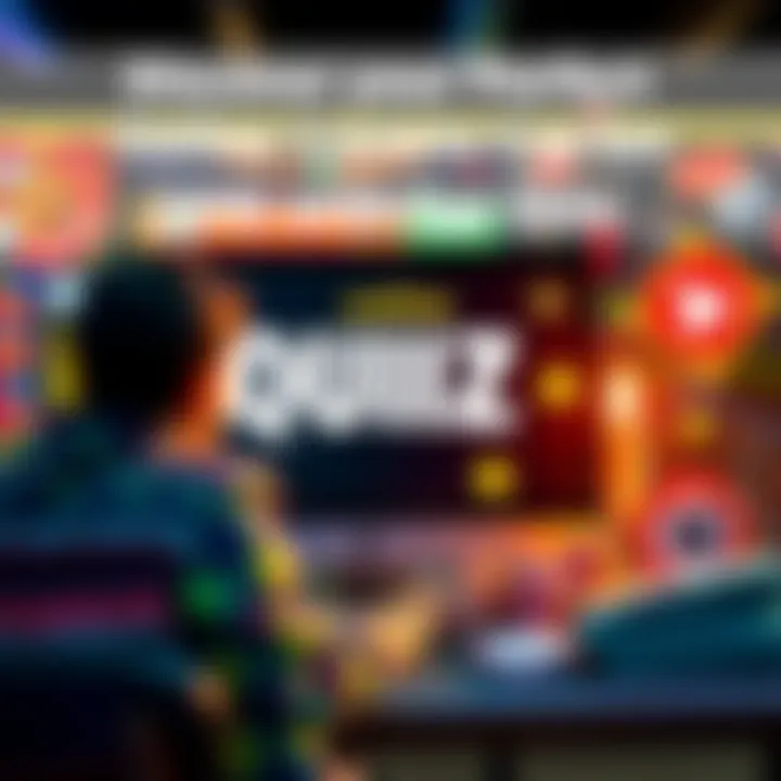 Online Casino Quiz A person taking a quiz on a computer with casino graphics and icons around them