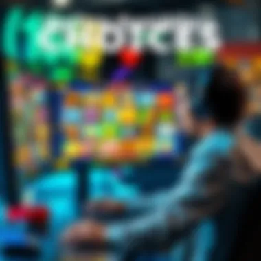 A person sits at a computer, looking at various online gambling game options, with colorful game thumbnails on the screen.