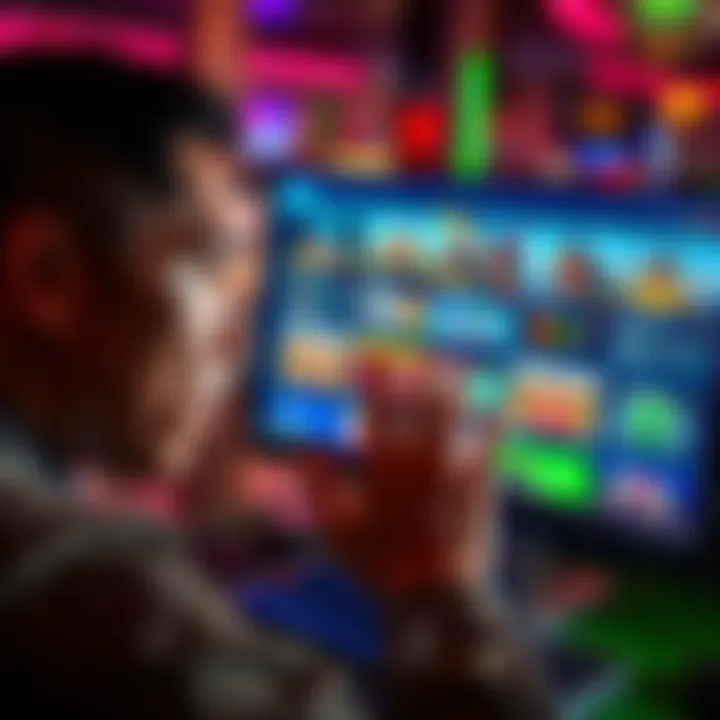 A person reviewing a computer screen displaying various online gambling websites with a concerned look.