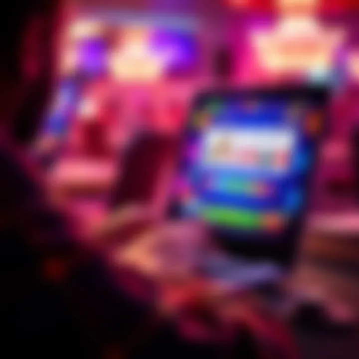 Online poker game on a laptop A person playing online poker on a laptop with colorful cards and chips displayed on the screen