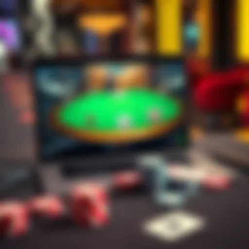 A laptop screen displaying a poker game with poker chips and cards on a table.