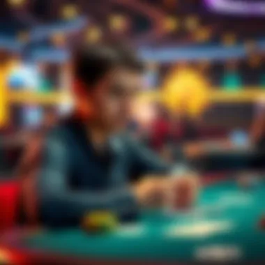 Online poker player at a table A focused online poker player sitting at a digital table, looking surprised while reviewing their hand of cards during a game.