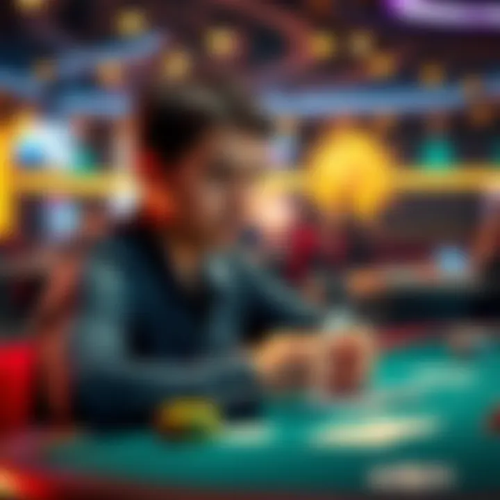Online poker player at a table A focused online poker player sitting at a digital table, looking surprised while reviewing their hand of cards during a game.