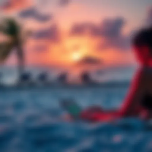 A person using a laptop at a beach in Mexico, checking their online betting account