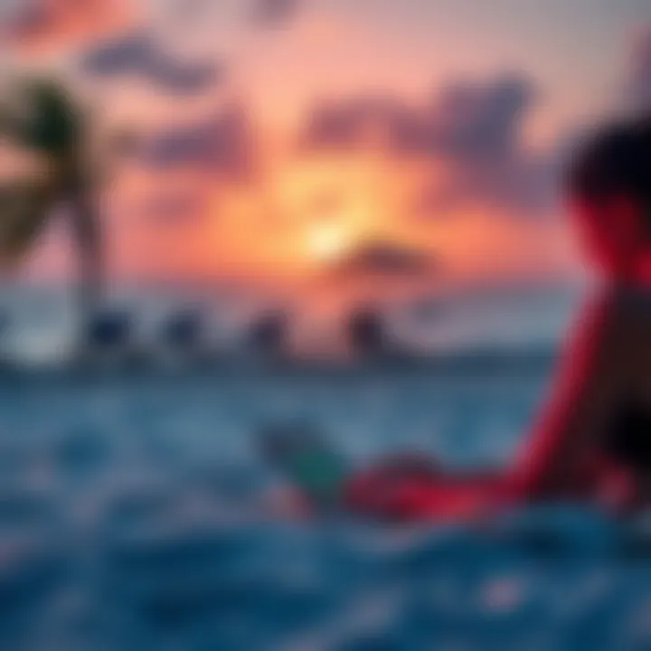 A person using a laptop at a beach in Mexico, checking their online betting account