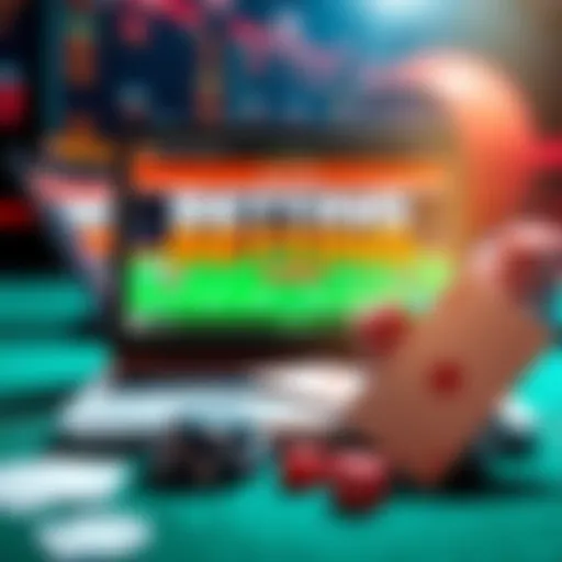 A graphic showing updated online betting regulations with a laptop and betting symbols like dice and cards.