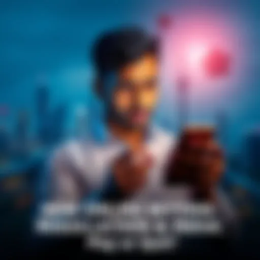 A person looking worried while checking online betting regulations on a smartphone with a backdrop of a city skyline.