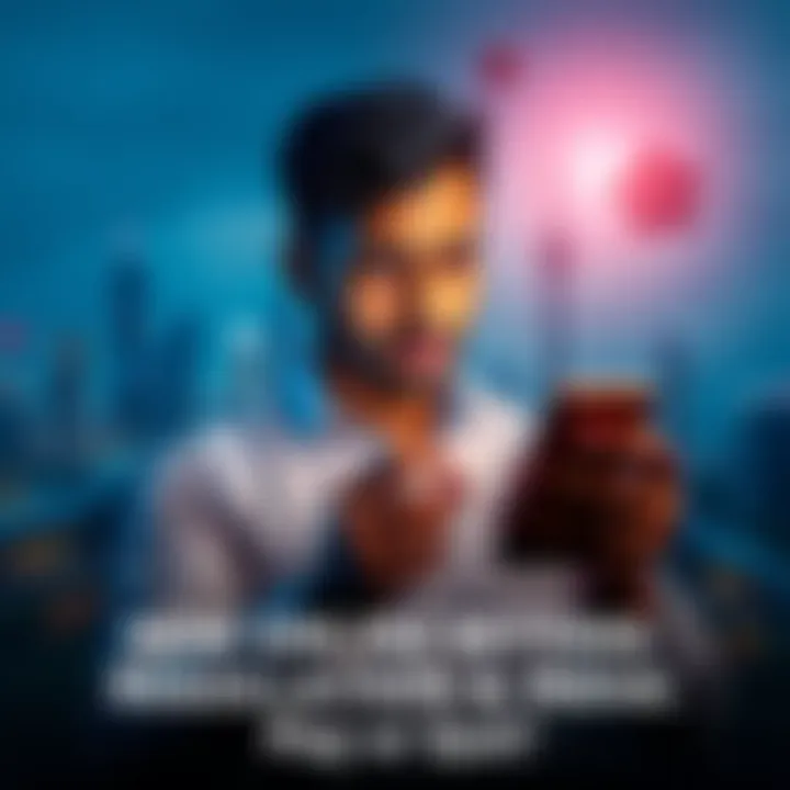 A person looking worried while checking online betting regulations on a smartphone with a backdrop of a city skyline.
