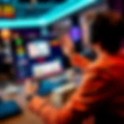 A person excitedly celebrating a big online blackjack win at work on their computer, showing a screen with winning cards and stacks of virtual cash.