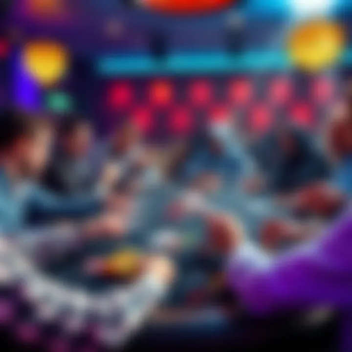 Online Cash Game Table A lively online cash game table showing various players engaged with colorful chips and cards, depicting wild behavior and excitement.