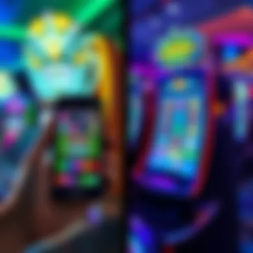 A side-by-side comparison of an online casino app displayed on a smartphone and an in-person slot machine in a casino, illustrating differences in gameplay.