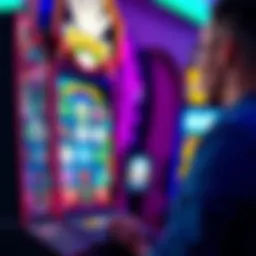 A player looking at a screen showing a spinning slot machine with colorful symbols, representing online casino games and the excitement of potential wins.
