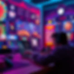A person playing online casino games on a laptop at home, surrounded by colorful graphics and gaming icons.