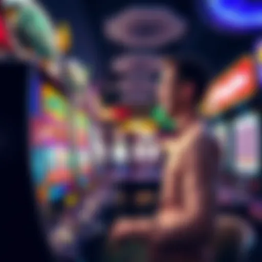 A player excitedly spins a slot machine at an online casino, surrounded by colorful graphics and promotional banners.