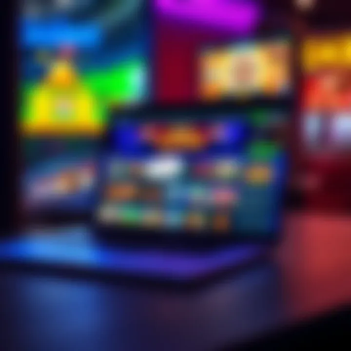 A laptop displaying an online casino website with colorful graphics and game options for new players.