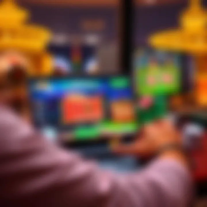 A player enjoying an online casino game on a laptop with colorful graphics and casino elements in the background.