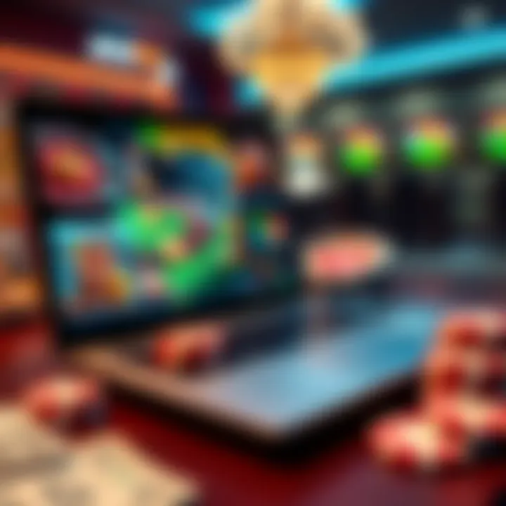 A view of popular online casino games being played on a laptop with casino chips and money beside it