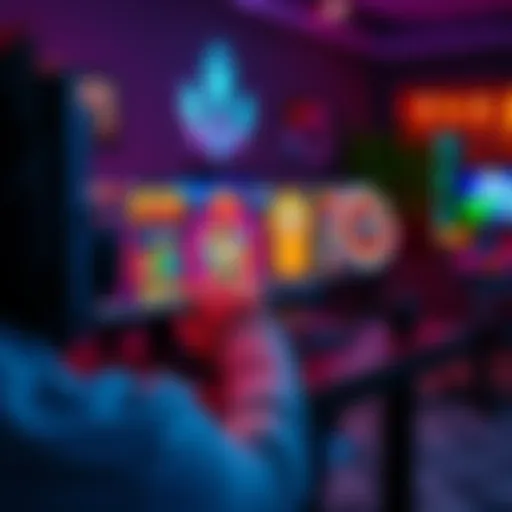 A person playing online casino games with colorful graphics on a computer screen in a cozy setting