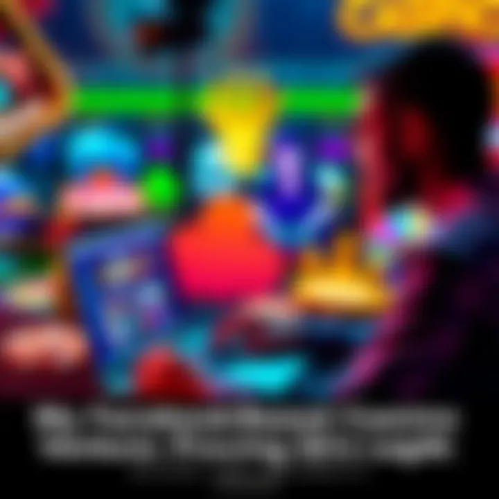 A person working on a laptop with a casino-themed background, showcasing games like slots and cards, representing the launch of a Facebook-based online casino.