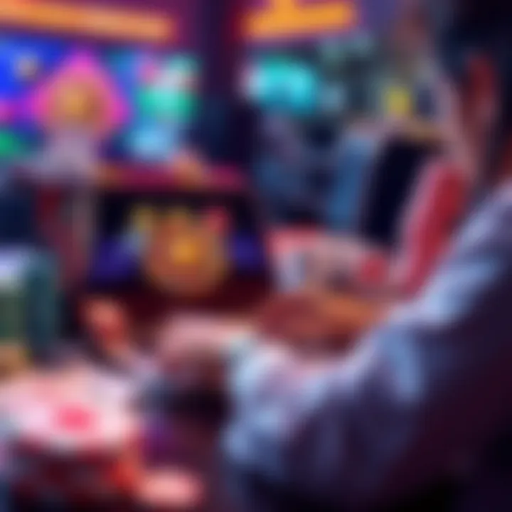 A person researching online casinos on a laptop, looking for trustworthy platforms, surrounded by casino-themed items like chips and cards.