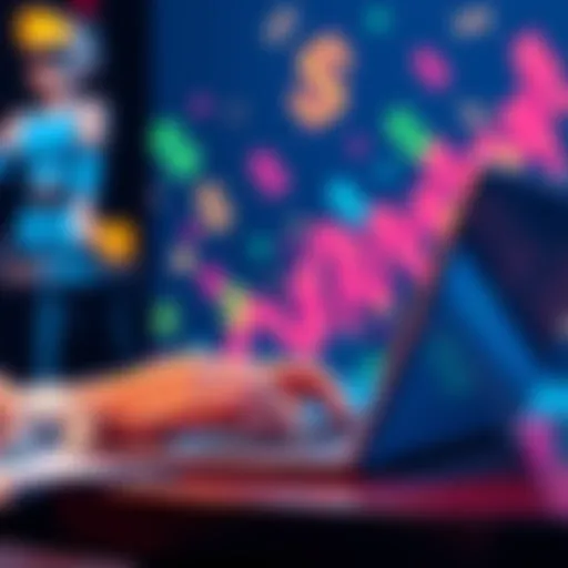 A person using a laptop to check online casino earnings and withdrawals with dollar signs in the background