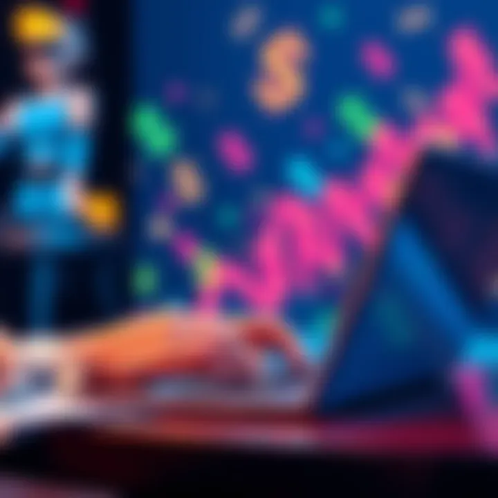 A person using a laptop to check online casino earnings and withdrawals with dollar signs in the background