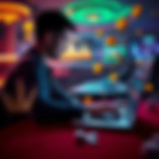 A person playing a game on a laptop with cryptocurrency icons around, representing online cryptocasinos.
