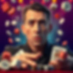 A person expressing concerns about online gambling fairness, surrounded by gambling icons like dice and cards, highlighting the topic of player losses.