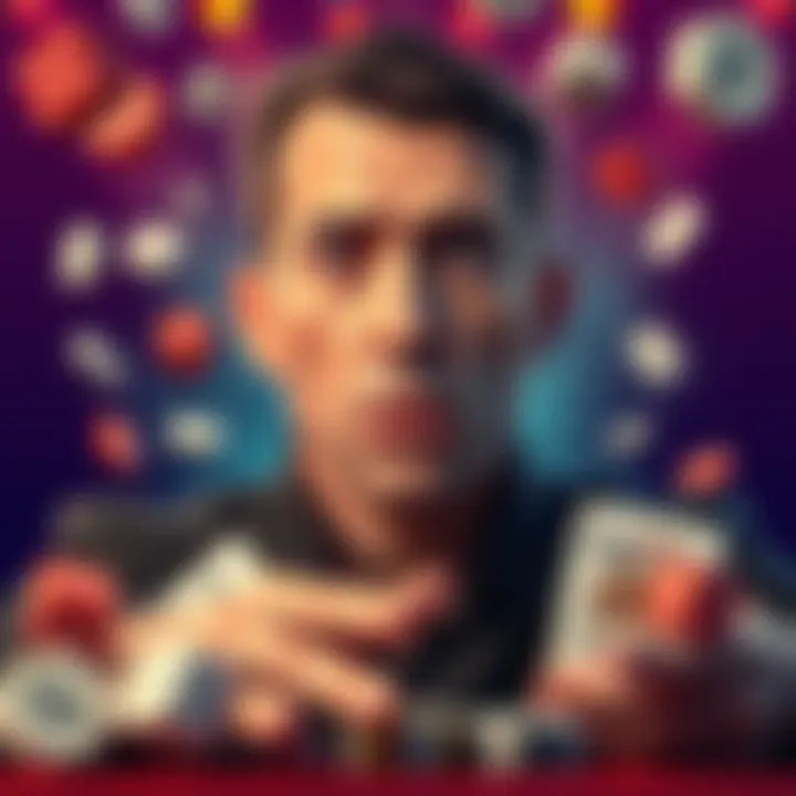 A person expressing concerns about online gambling fairness, surrounded by gambling icons like dice and cards, highlighting the topic of player losses.