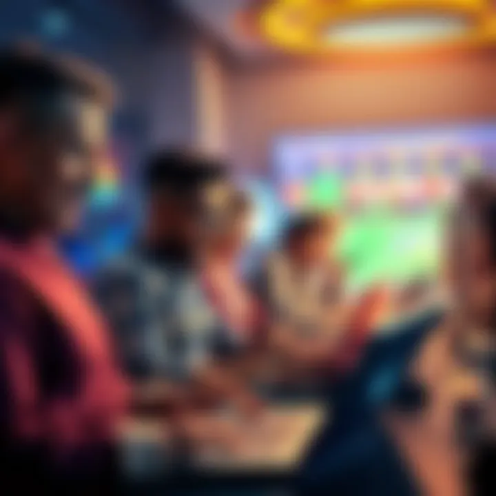 A group of diverse people engaging in online gambling games on their laptops and smartphones, representing international players connecting from different countries.