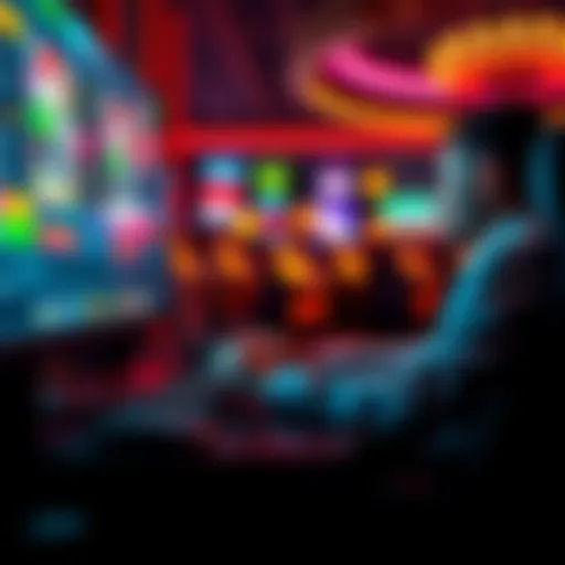 A person playing online casino games on a computer with colorful graphics and casino chips around.