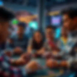 Group of people playing fast-paced online gambling games like Teen Patti and Andar Bahar on their devices, showing excitement and focus