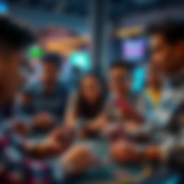 Group of people playing fast-paced online gambling games like Teen Patti and Andar Bahar on their devices, showing excitement and focus