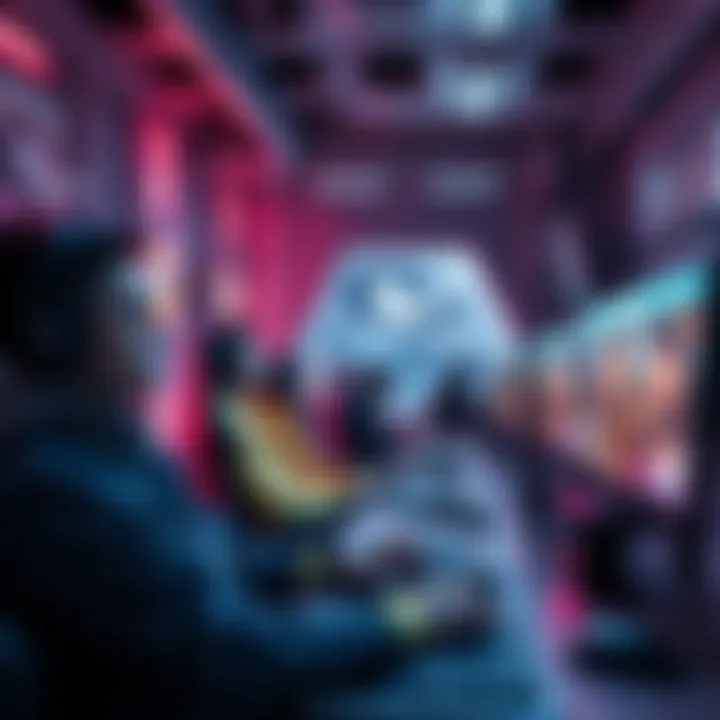 A futuristic gaming setup with advanced technology and diverse players enjoying various online games.