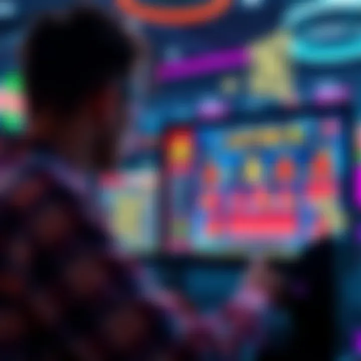 Online Lottery Safety A person examining a computer screen showing online lottery games, with warning signs and money symbols