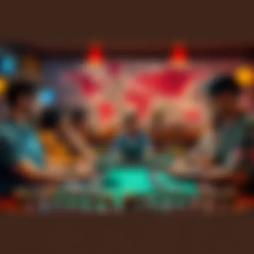 A group of diverse people enjoying a game of online poker on laptops and tablets in a cozy cafe setting, with a world map in the background.