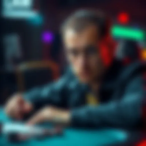 A player contemplating their next move in an online poker game, showing tension and strategy on their face.