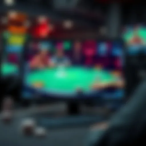 A computer screen displaying an online poker game with players and poker chips visible