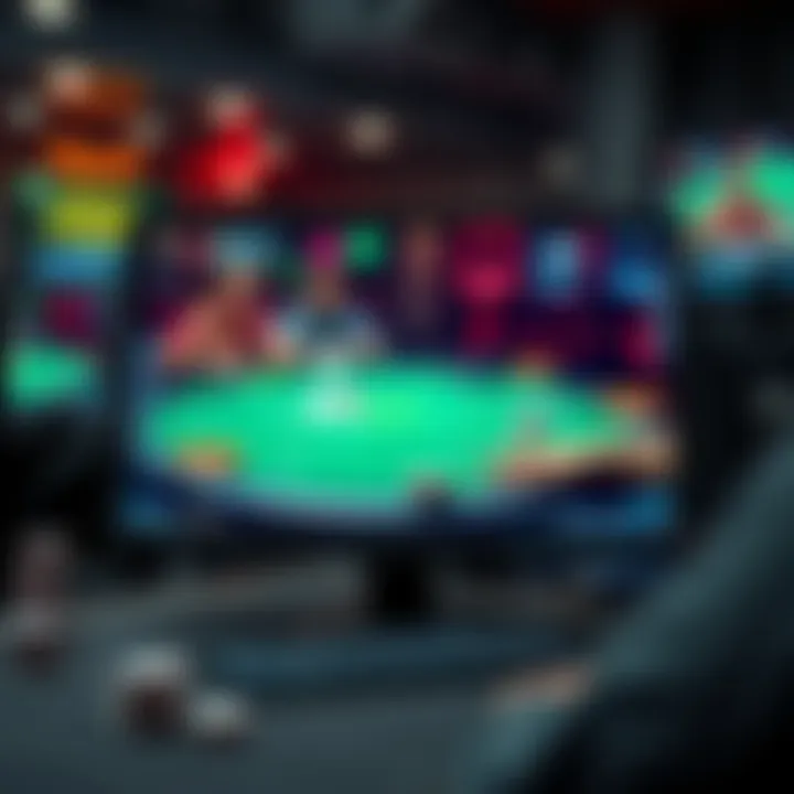 A computer screen displaying an online poker game with players and poker chips visible