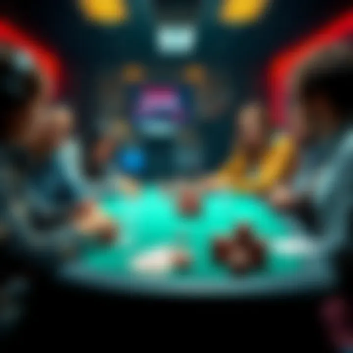 A group of people discussing online poker at a table with cards and chips