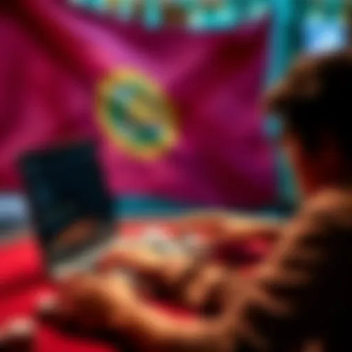 A person playing poker online on a laptop with a Florida flag in the background