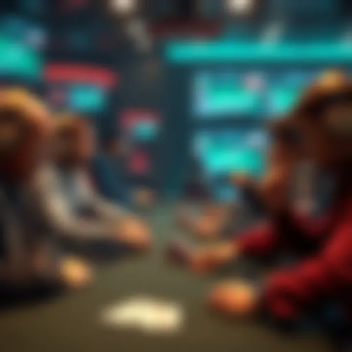 A group of frustrated players at an online poker table, displaying disbelief over bad beats and losses on their screens.