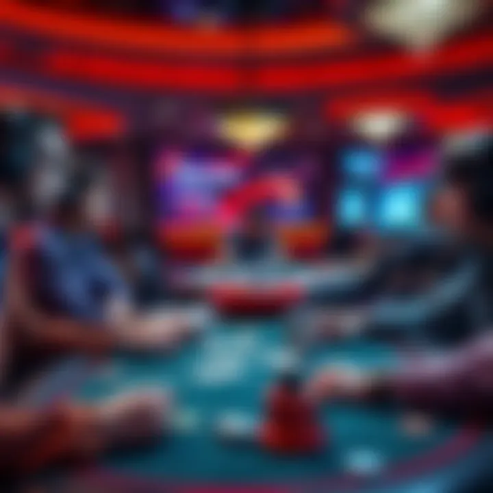 Online Poker Table with Players Group of players engaging in an online poker game, showing focused faces and poker cards on screens.