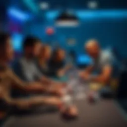 A group of friends gathered around a table playing poker online, with cards and chips visible on the screen.